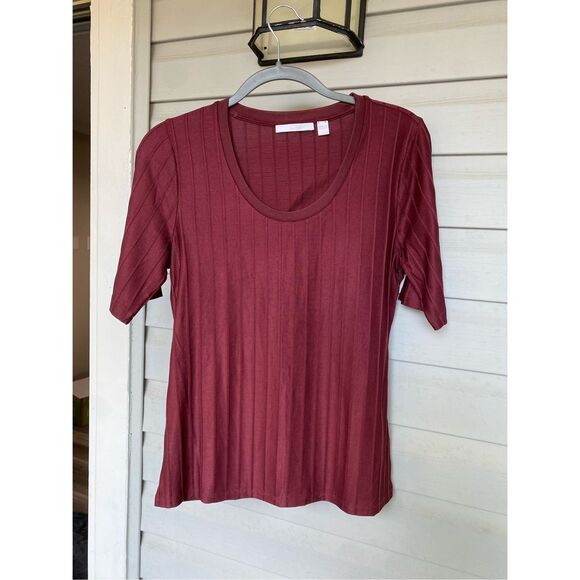 Hugo Boss Maroon Burgundy Ribbed Short Sleeve Scoop Neck Blouse, Size Medium - Picture 1 of 9